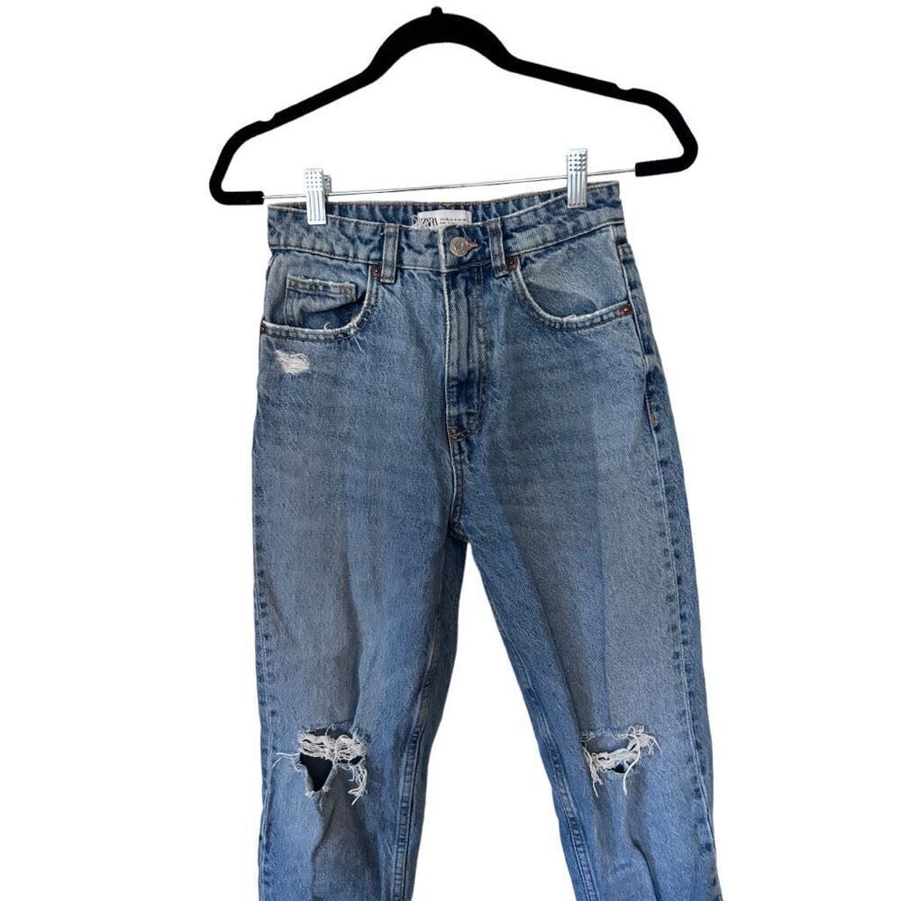 Zara 5 Pocket Design Distressed Ripped Denim Straight Jeans Blue Size 4 - Picture 4 of 11